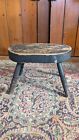 Best Antique Early Primitive Wood Milking Stool Splay Legs Orig Black Paint 12"