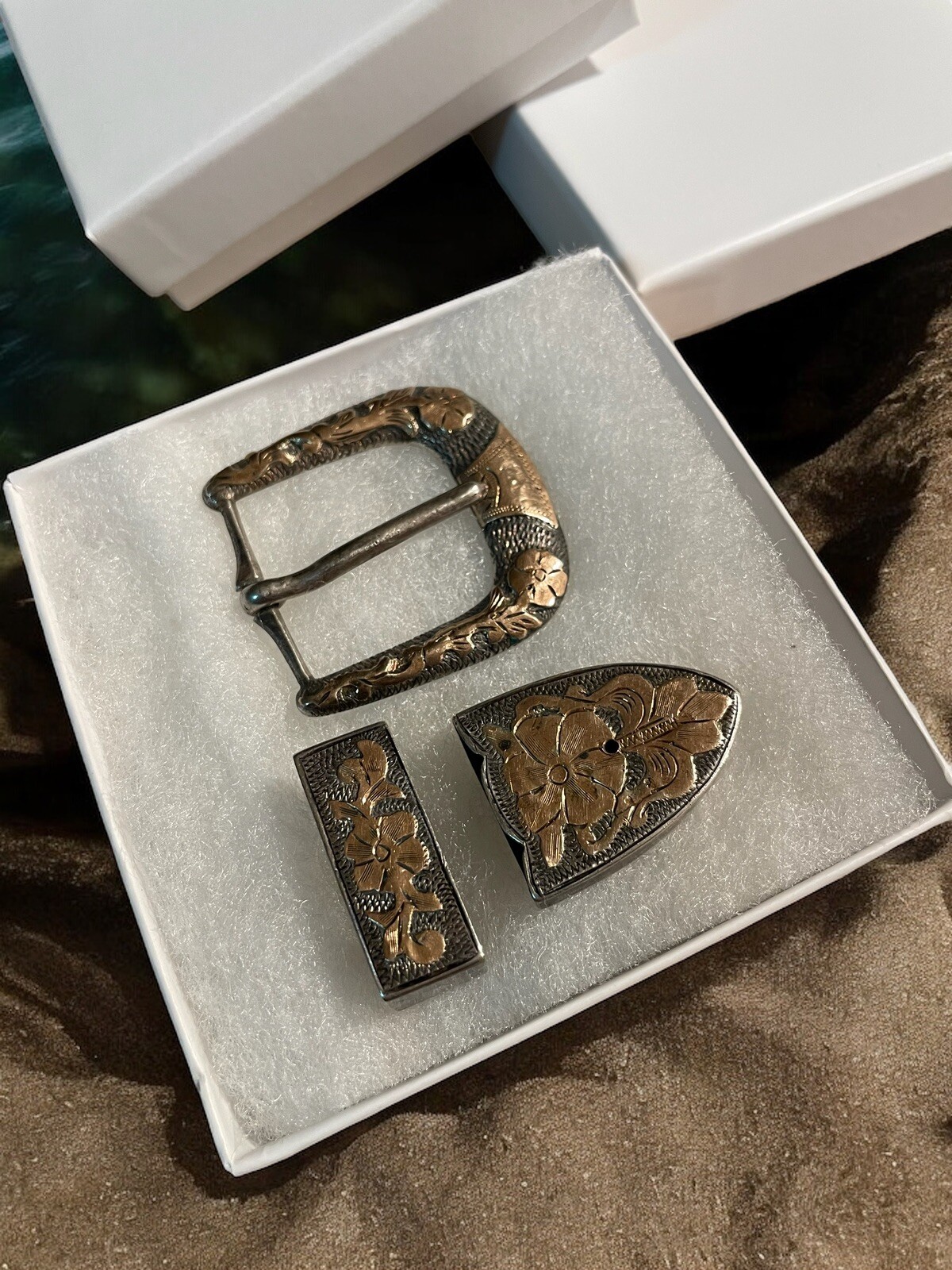 Vintage Gold Over Sterling Silver Mexico Ranger Floral Belt Buckle Set