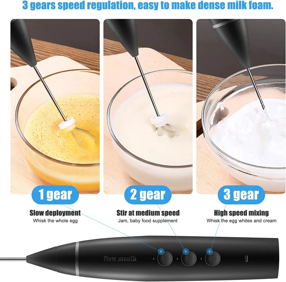 Milk Frother Handheld Rechargeable Foam Maker for Lattes,Electric 3 Whisks Drink
