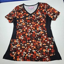 Koi Scrub Top Womans Size Small Orange Multicolor Dots Pit To Pit 17in