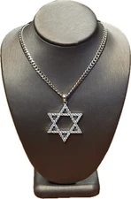 Real Solid 925 Sterling Silver Star Of David Pendant Iced CZ And Cuban Chain 22”