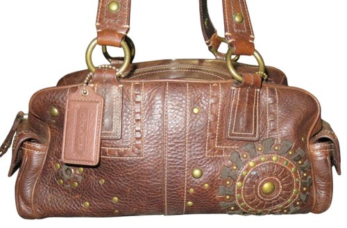 Coach 2006 Vintage Mia Brown Distressed Brass Stud Embellished Leather Satchel g