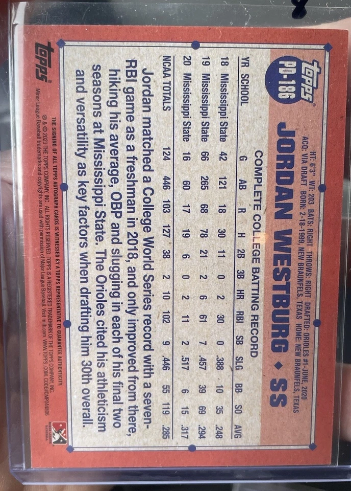 2021 Topps Pro Debut Jordan Westburg Orioles 1991 Auto Rookie Autograph - Image 2 of 2