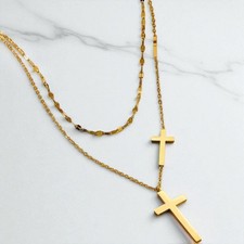 18K Gold Plated Three Cross Necklace Women’s Layered Pendant Chain 18"