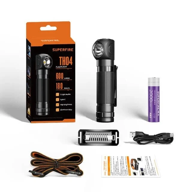 Superfire TH04 Linterna Frontal de cabeza y Ángulo Recto Recargable 600LM USB‑C - Imagen 4 de 4