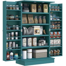 Kitchen Pantry Storage Cabinet w/ 5-tier Shelving, 12 Spice Racks, Blue