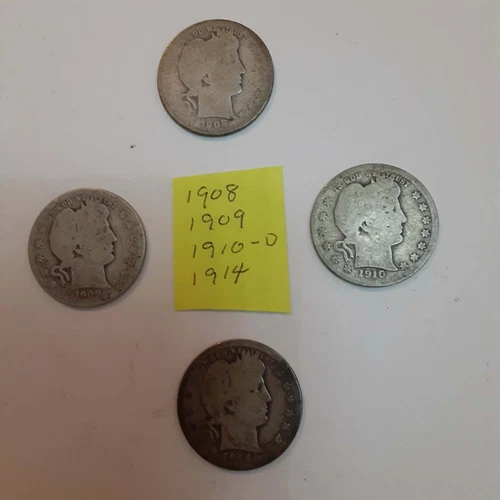 Lot of 4 Barber Quarters 1908, 1909, 1910-D, 1914, Circulated 90% Silver