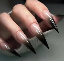 24 Pcs Press-On Nails Long Stiletto Glossy Black Ombre