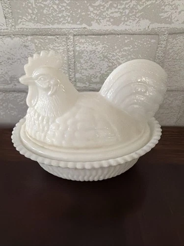 Vintage Rooster On Nest  Dish White Milk Glass 2 pc EUC
