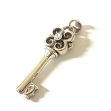 Vintage Silver Flower Pattern Key Pendant with Crystal, 5cm, Retro Style
