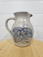 Vtg Salmon Falls Pottery 1992 Pitcher Jug Strawberry Pattern Stamped Aprx. 6.75"