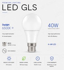 B22 GLS LED Light Bulbs 40W Equivalent 4-6W Daylight 6500K BC Bayonet Frosted