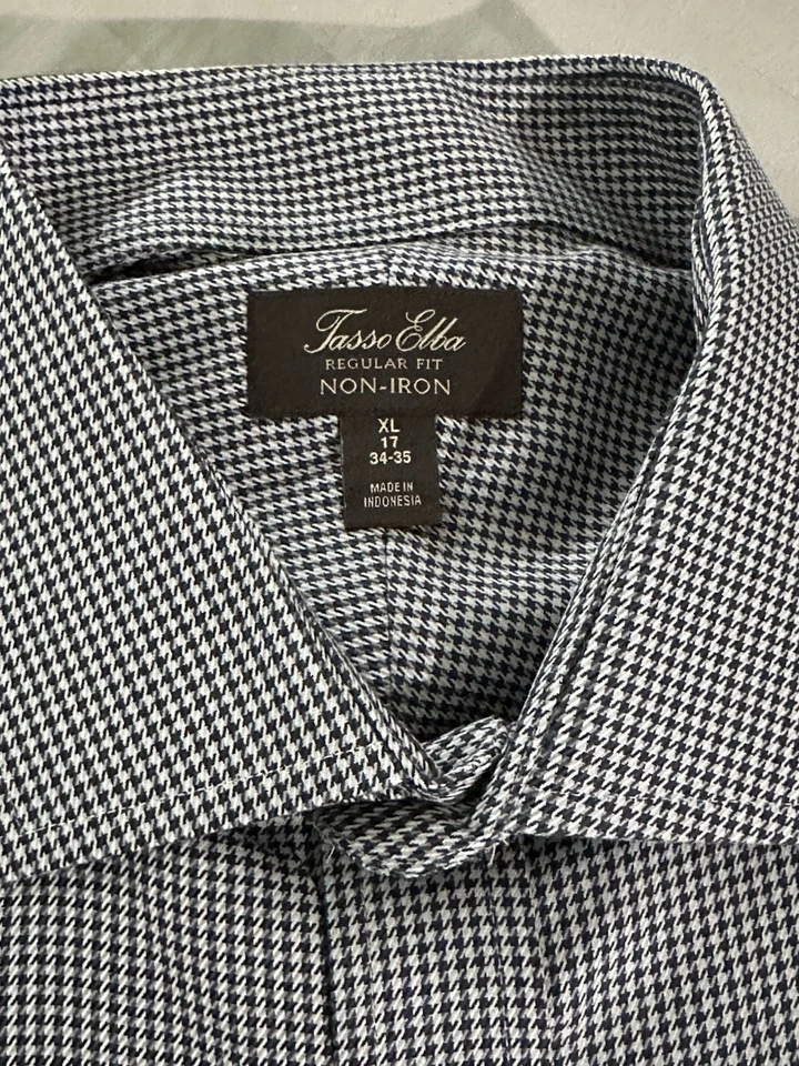 Tasso Elba Dress Shirt Mens Size 17 34/35 Long Sleeve 100% Cotton Black Plaid - Image 2 of 4