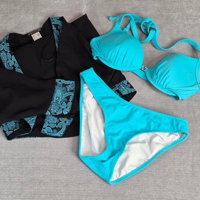 Venus Bikini Set & Cover Up Women Size 4 S Teal Black Paisley 3pc Swimwear