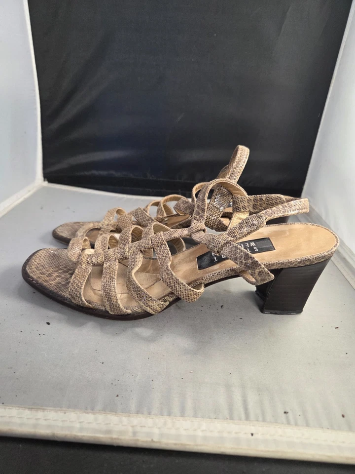 Sandalias de tacón de gladiador para mujer STUART WEITZMAN talla 9 beige cuero serpiente rayas Foto 4 de 4