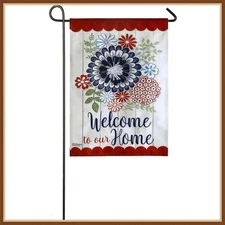 EVERGREEN GARDEN FLAG * AMERICANA FLORAL GARDEN * EMBELISHED BURLAP -  BRAND NEW