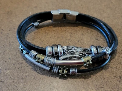 Partager Bracelet Homme Cuir noir Tête de Dragon fermoir acier inoxydable 20cm - Photo 1/4