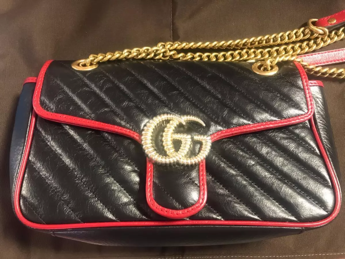 GUCCI GG MARMONT SMALL SHOULDER BAG LEATHER BLACK RED 443497 USED