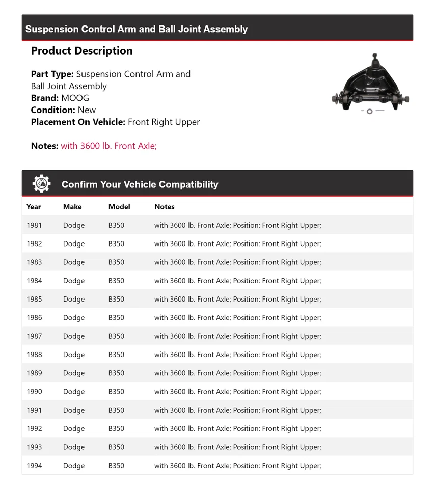 Conjunto de rótula de brazo de control delantero derecho superior MOO para Dodge B350 1981-1994 Foto 2 de 4