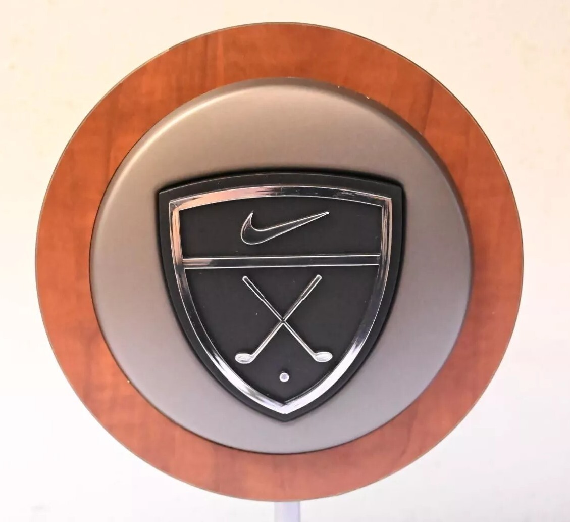 Nike Tabletop Retail Store Display Sign Swoosh & Clubs Wood Sign
