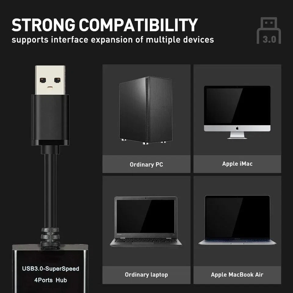 4-Port USB 3.0 Hub for Laptop & PC - High-Speed Data Transfer & Extra Ports