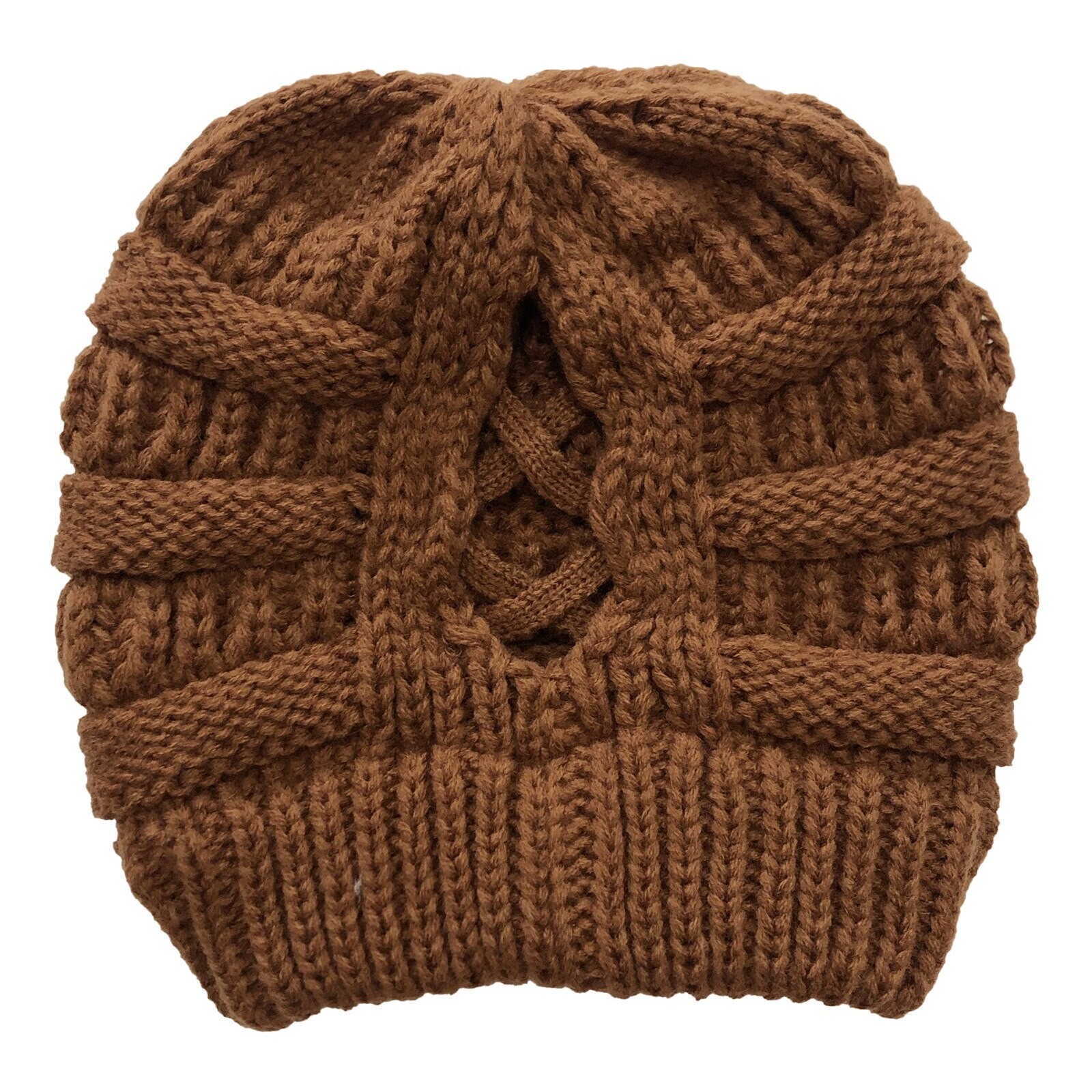 Brown Women Ponytail Messy Bun Beanie Pony Tail Winter Knit Stretch Hat US