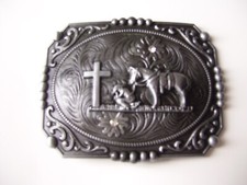 Belt Buckle Praying Cowboy Kneeling at Cross Western Floral Large 4.5"x 3.5"