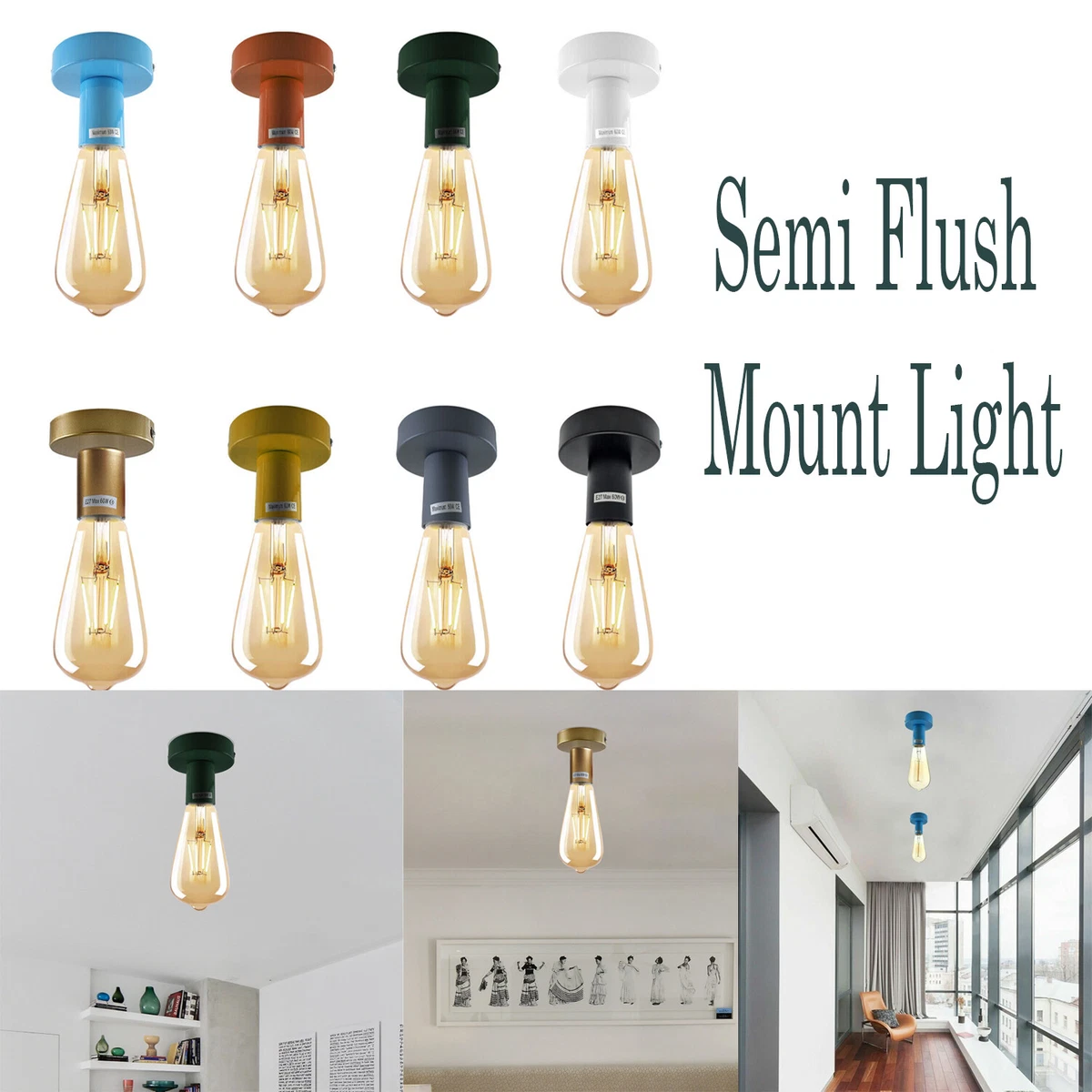E27 Light Bulb Holder Fitting Edison Screw Socket indoor Semi Flush Ceiling Lamp