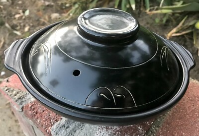 Handsome VINTAGE BLACK ENAMELED CERAMIC Rice Cooker!