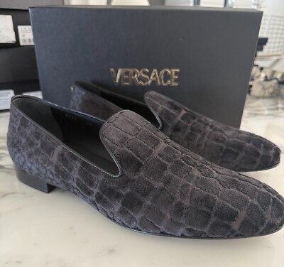 Versace Men's Velvet Croc-embossed Slippers Gray Shoes, 44, 45, 46 (1003792)