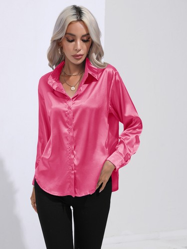 Elegant Women Satin Shirt Solid Color Long Sleeve Blouse Casual Button Down Tops - Picture 79 of 117