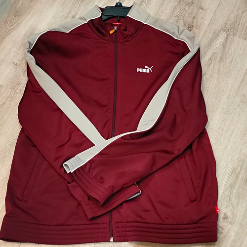 PUMA Men's Burgundy/Gray Colorblock Full Zip Track Jacket w/ Pockets, XL