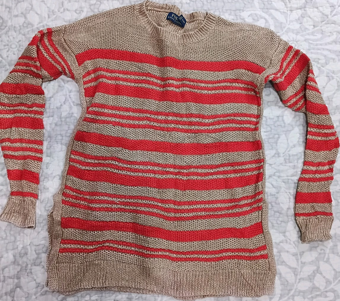 Polo Ralph Lauren XS Beige Red Striped Knit Pullover Sweater Long Sleeve