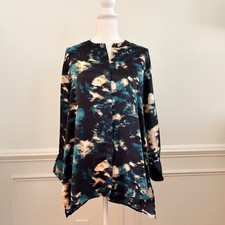 Johnny Was Shadow Voyager Tunic Top Blouse 100 Silk Teal Black Cream Med M Boho