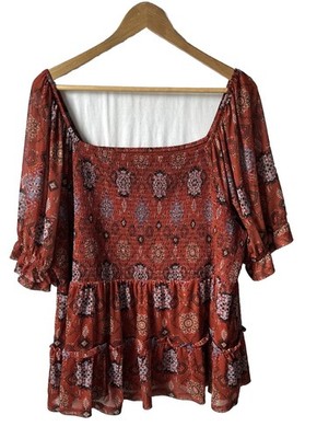 Maurices Rust Orange Floral Peasant Babydoll Top Lined Ruffle  Sz3x