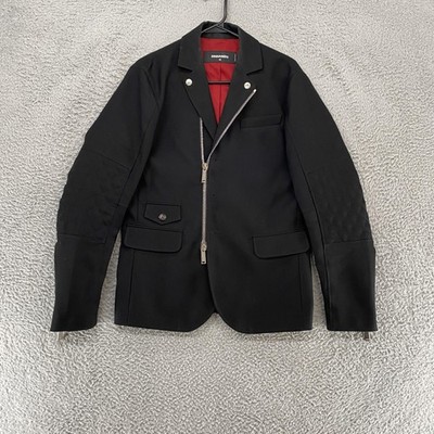 Dsquared2 Blazer Mens 46 Black Wool Biker Jacket Asymmetric Zip Italy Quilted