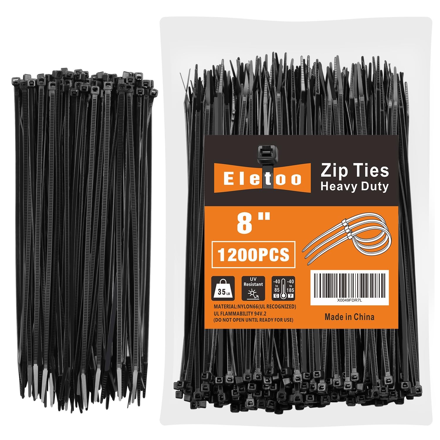 8 Inch Black Zip Ties 1200 Pack 35 LBS Tensile Strength Self-Locking Nylon Cable Ties