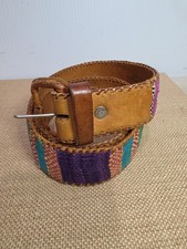 Vintage Belt Guatemala Colored Woven Stripe Fabric Tooled Leather Size 30