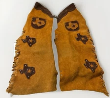Vintage Youth Leather Chaps – TEXAS Lone Star Suede Fringe Rodeo Cowboy Costume