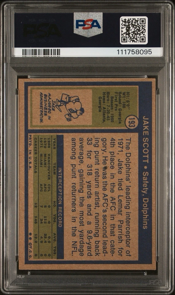 Signed 1972 TOPPS 193 JAKE SCOTT PSA DNA MIAMI DOLPHINS POP 5 Super Bowl MVP - Image 2 of 2