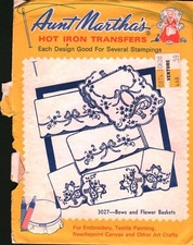 3027 Vintage Aunt Martha Embroidery Hot Iron Transfer Bows Flower Baskets UNCUT