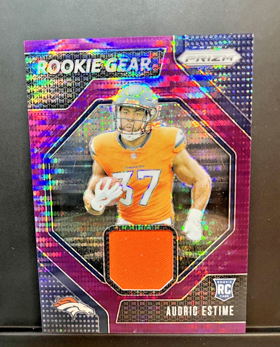 Audric Estime 2024 Panini Prizm Rookie Gear Purple Pulsar Prizm Patch RG-AEE