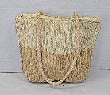 Vintage Shoulder Bag 90s 2 Tone Sandy Beige Natural Woven Straw Lined 10X13In