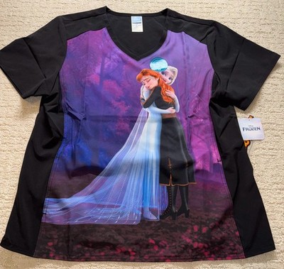 Tooniforms Scrub Top Womens XL Black Frozen Elsa Anna V-Neck Tunic Nurse