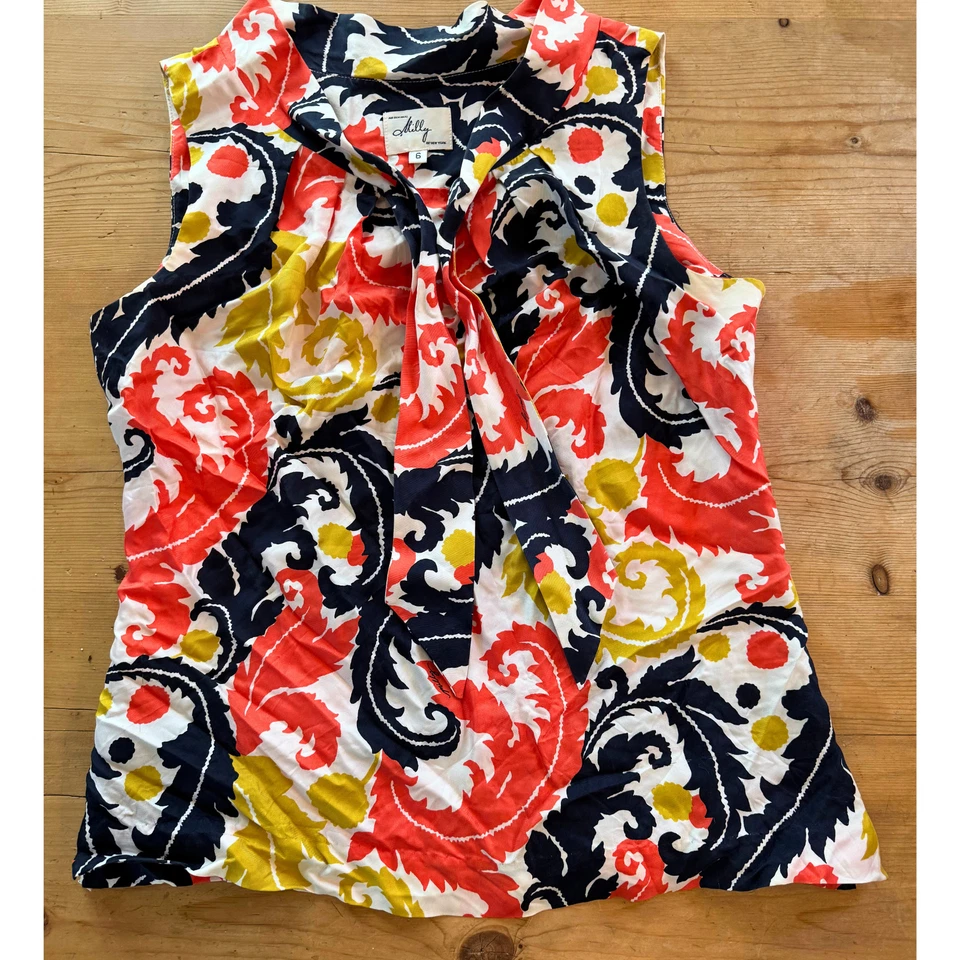 Blusa Floral de Seda Milly New York Talla 6 Sin Mangas Cuello Atado Top Hecha en EE. UU. Foto 3 de 4