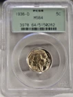 1936 D US Buffalo Nickel 5c PCGS MS64 Old Green Label