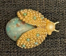 Vintage Gold Tone Ladybug Brooch Seed Faux Pearl Turquoise Cabochon Beetle Pin