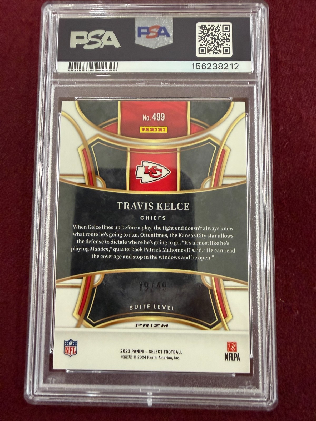 Travis Kelce 2023 Select red Disco Prizm 149/49 PSA 10 Gem Mt KC Chiefs view 2
