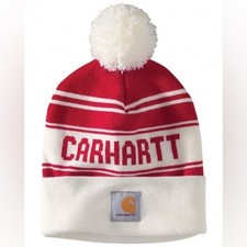 CARHARTT Pom Pom spell out beanie red and white NWOT