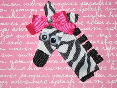 NEW ''ZEBRA'' Girls Ribbon Hairbow Clip Bow Boutique Zoo Jungle Safari Summer
